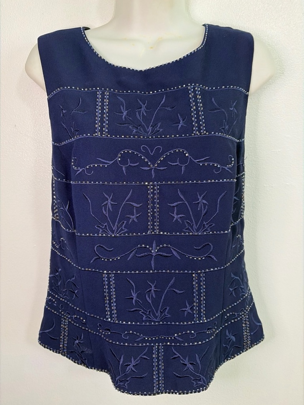 R&M Richards Navy Beaded Embroidered Evening Top Large Sleeveless Formal